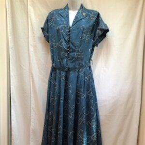 NWT Vintage Rayon/Acetate 1950s Blue Dress, 14-16, Rhinestone Buttons, Belt